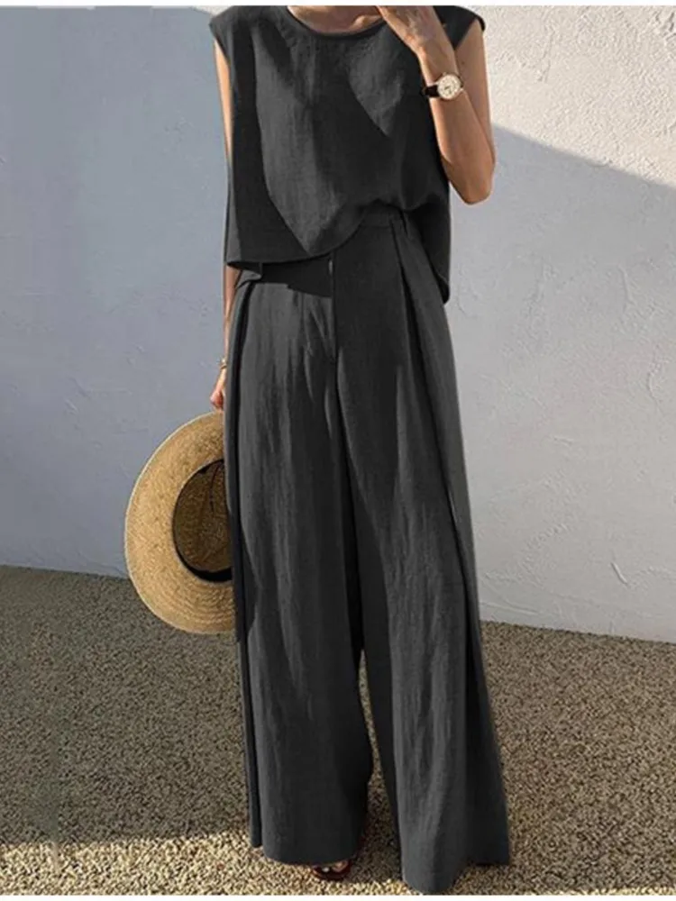 Spring Summer Solid Color Long Pant Sets Two Piece Set Women Fashion Sleeveless Tops Loose Wide Legs Pants Ladies Sets 2024 New