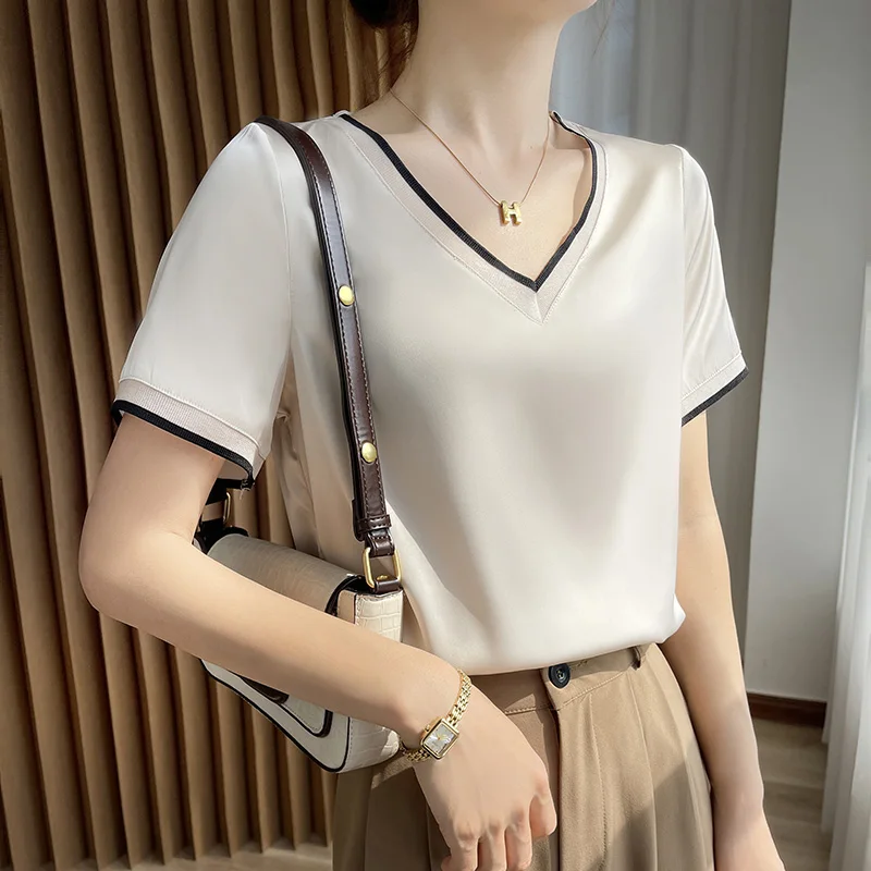 

Summer New Satin Silk Women's Short Sleeve T-Shirt V-Neck O-Neck Pullover Fashion Top T-Shirt