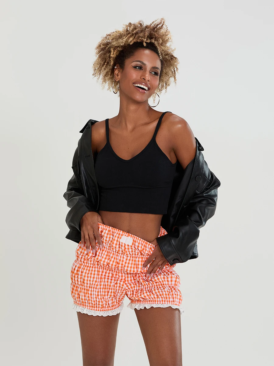 Dames gesmokte boxershorts zomer elastische hoge taille geruite print bloeiers vrouwelijke casual lounge pyjamabroek voor dagelijks gebruik