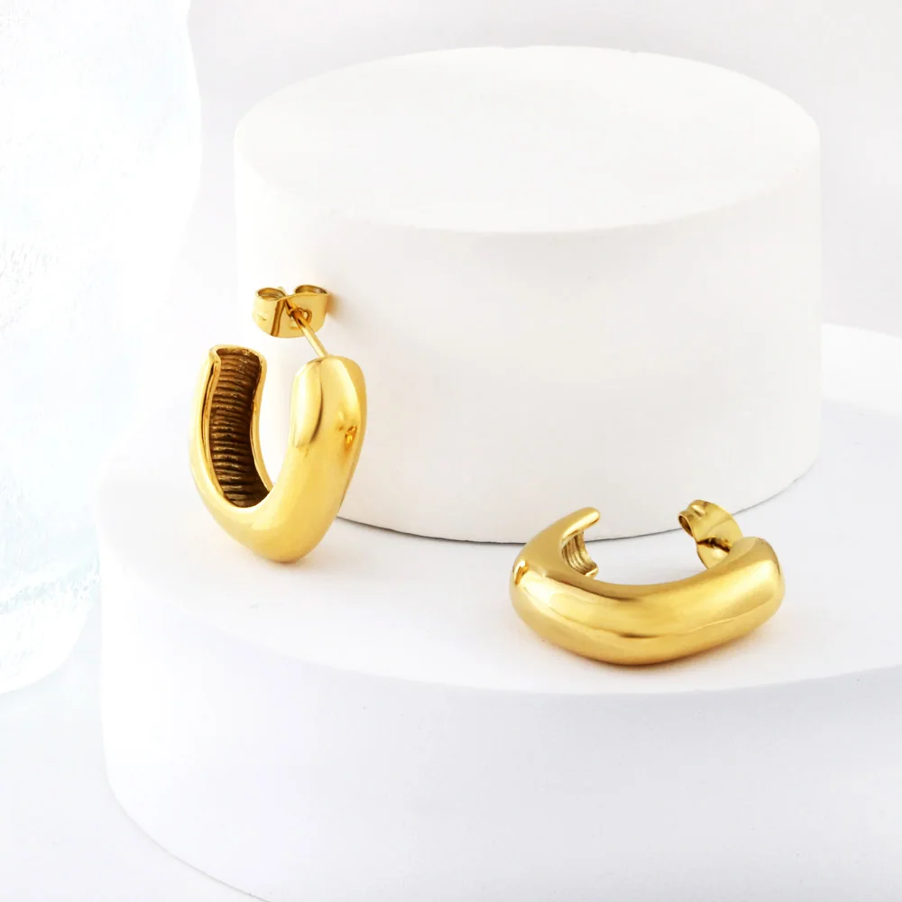 LUXUSTEEL Stylish C Shaped Women Hoop Earrings Golden Plated Stainless Steel Beads Square Rolo Dangle Ear Jewelry Gift for Her