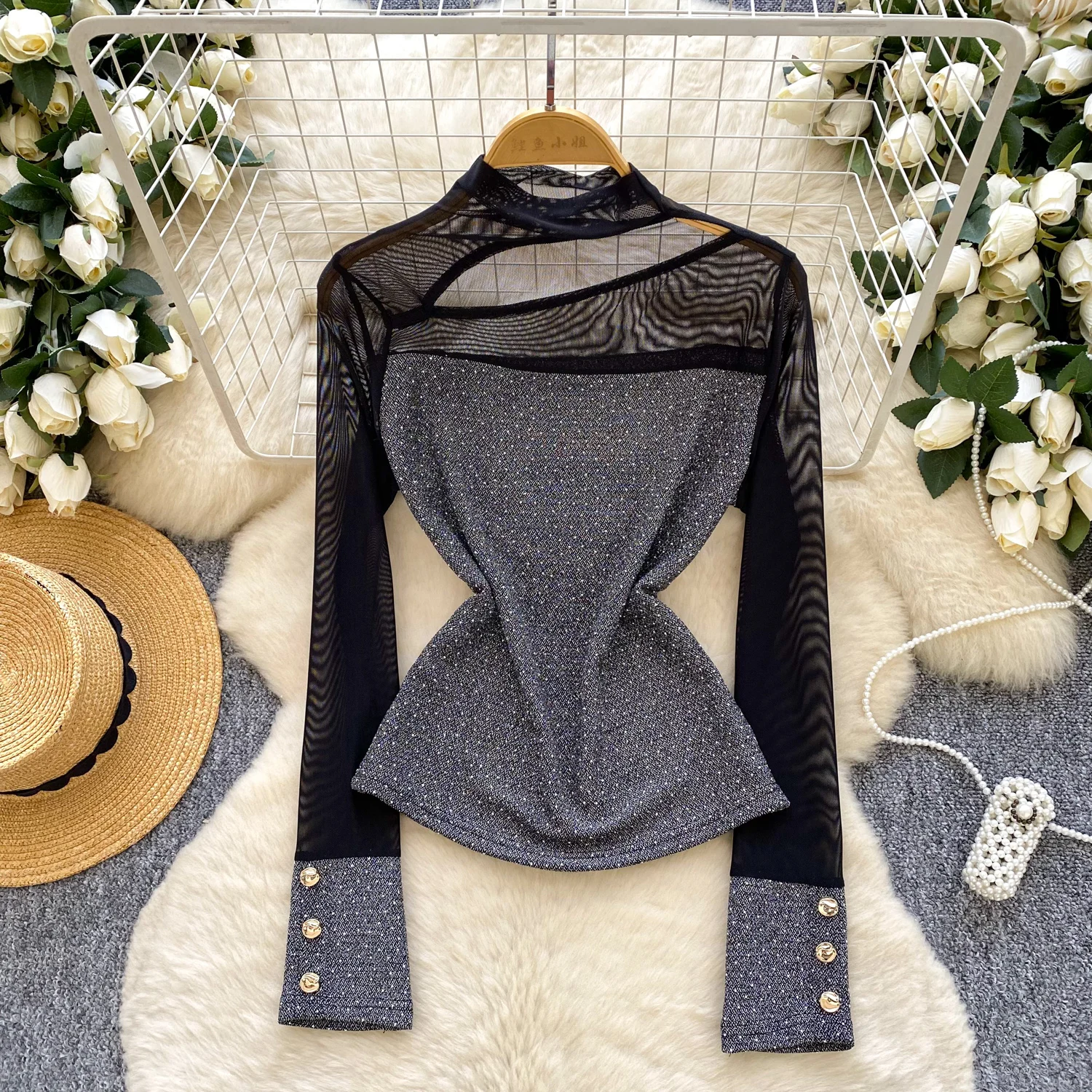 

Шикарная элегантная блузка с длинными рукавами и блестками, винтажная фея, осенняя корейская модная женская одежда