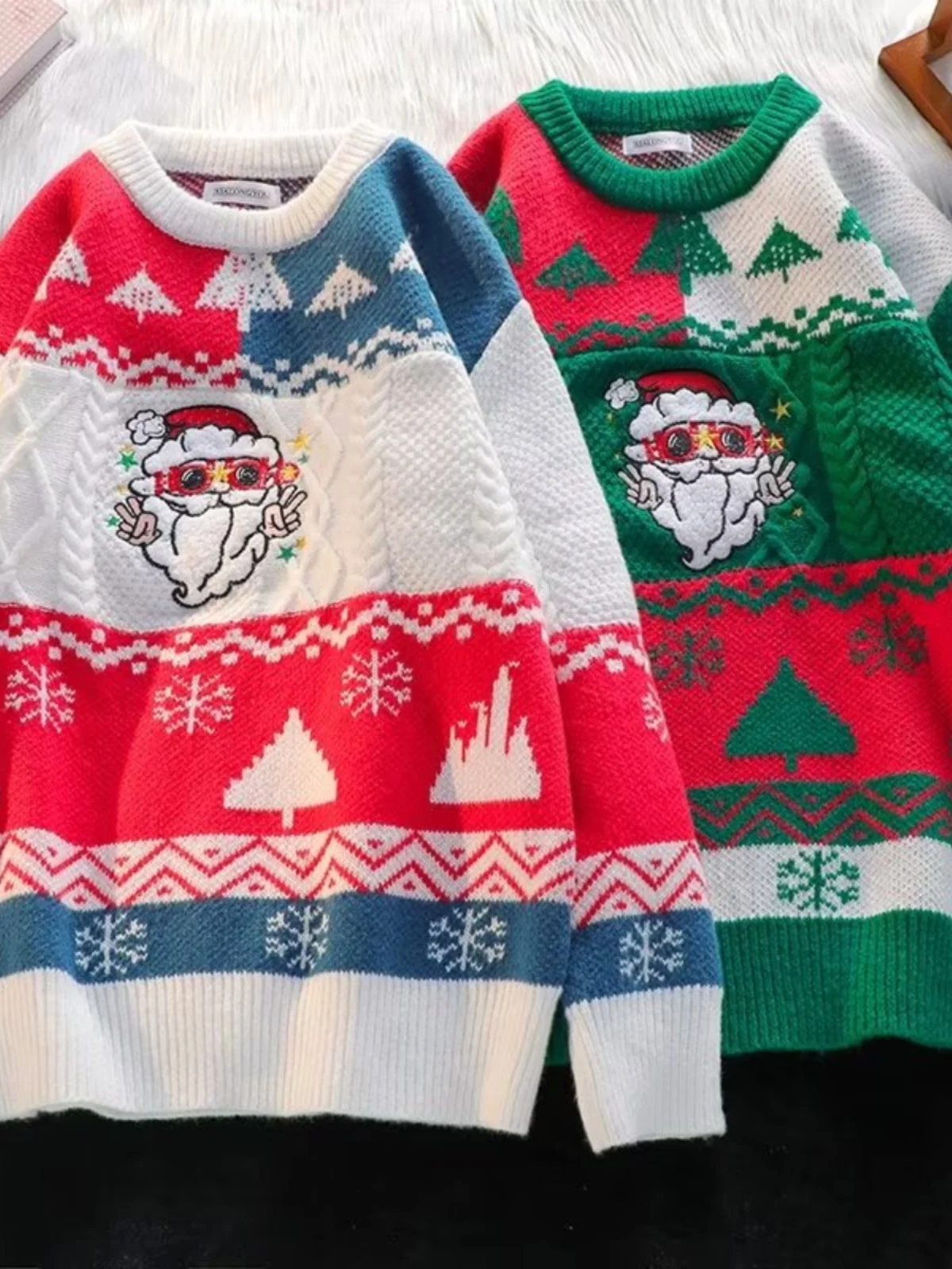 

Faionable Cisas S Claus Fce Lined Sweater Men's Loose Design Heavy Knit Winter Casual Long Sve round Ne