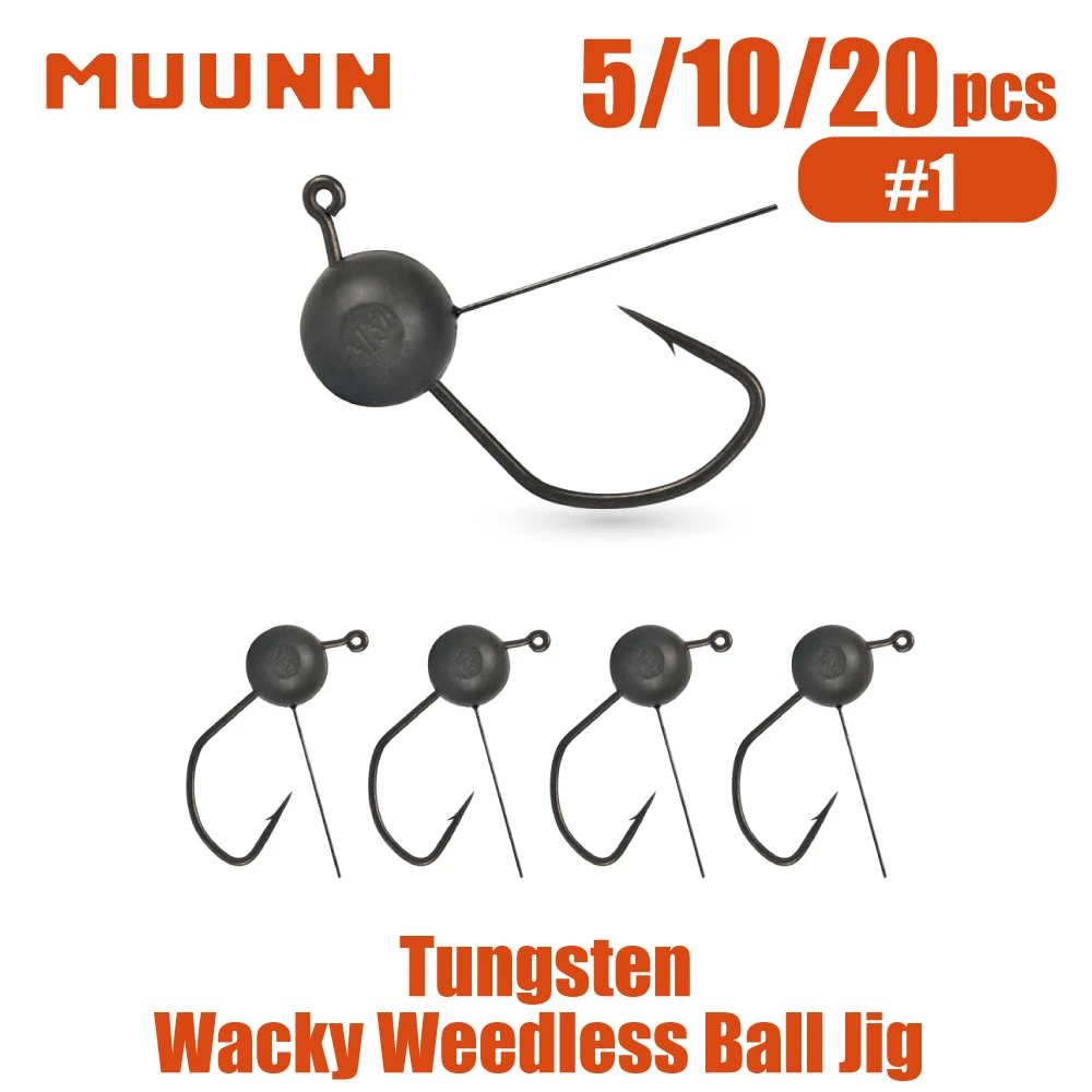 MUUNN Tungsten Weedless Wacky Ball Jig Heads, Wacky Rig Texas Rig Hook Finesse Jig for Soft Plastics/Wacky Worms Bass Fishing