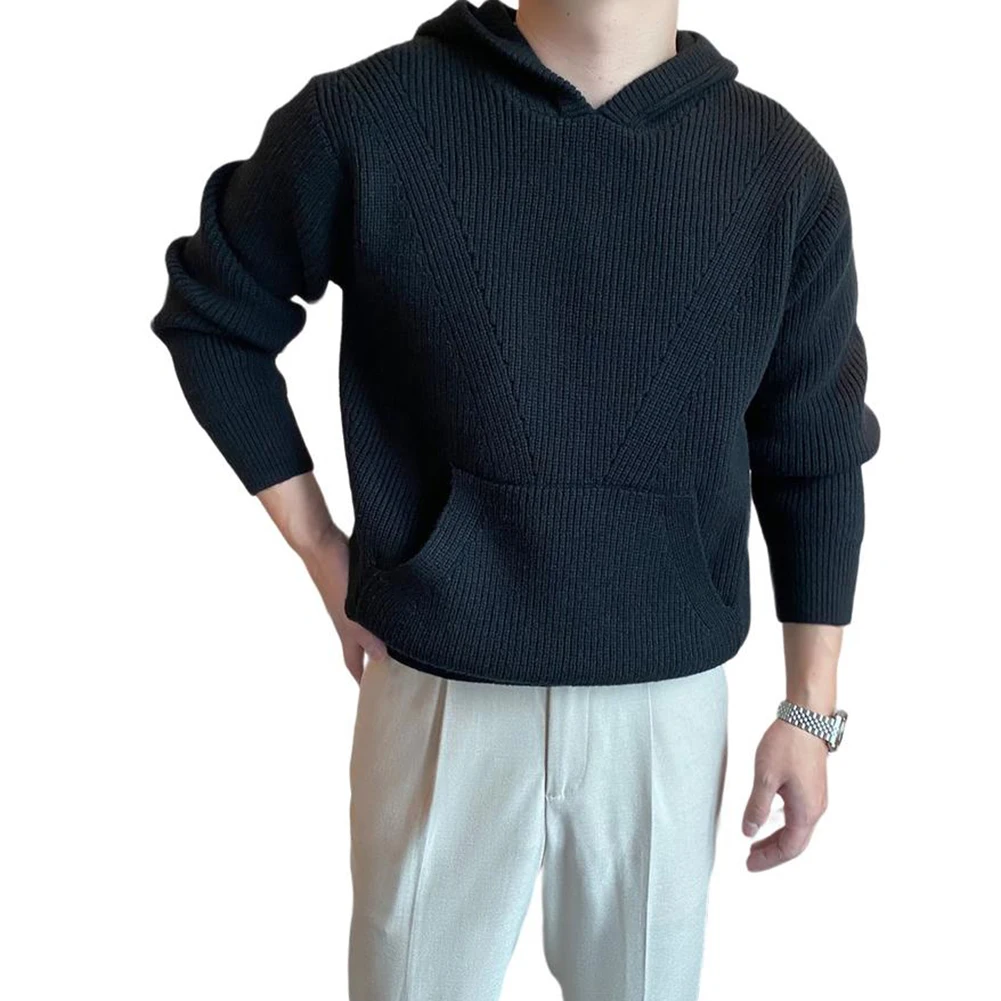 

Мужские вязаные свитера с капюшоном, осень-зима, повседневные однотонные пуловеры с длинными рукавами, топы