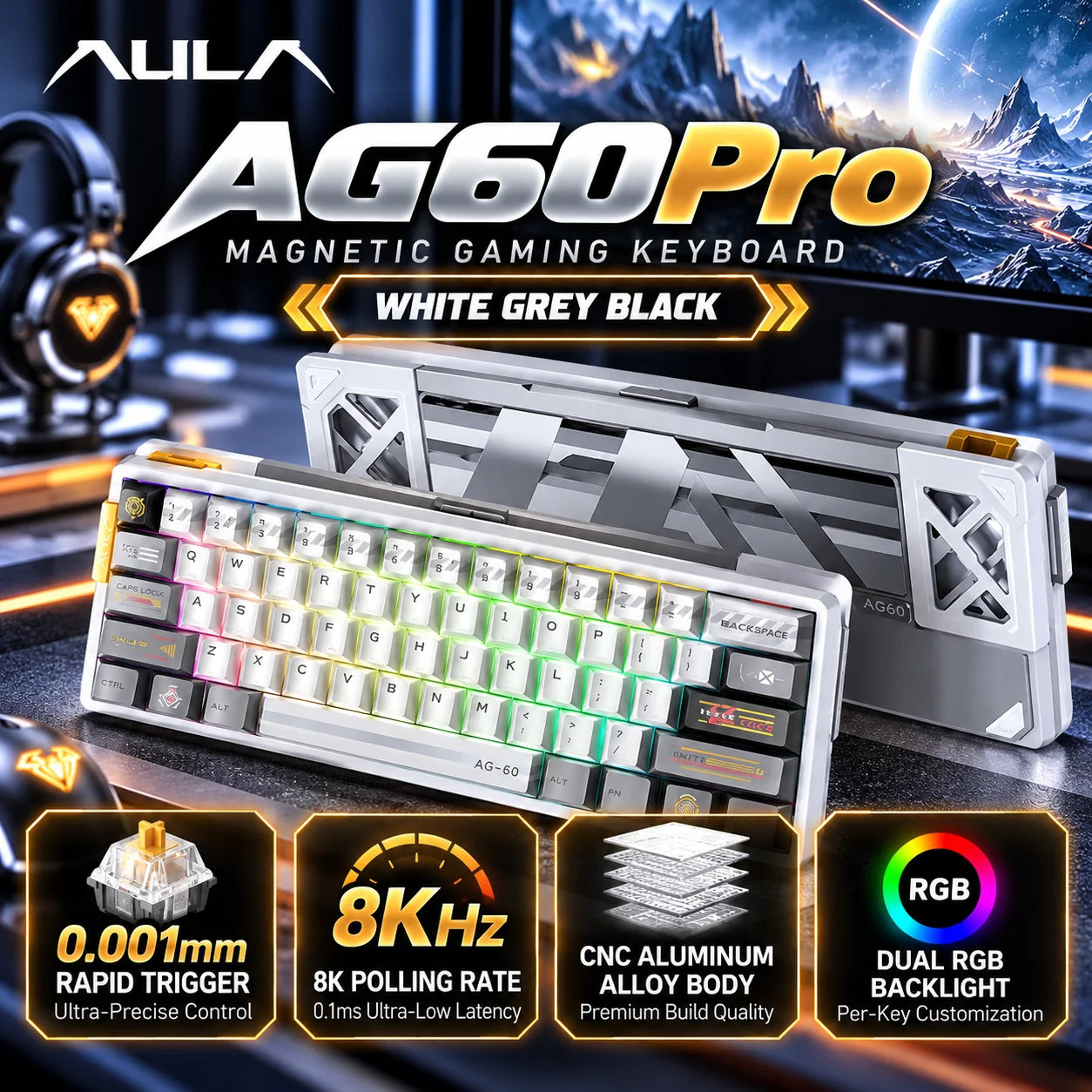 AULA AG60 Pro Magnetic Gaming Keyboard 61 Keys Wired Hall Effect Switch 8KHz Rapid Trigger CNC Aluminum RGB