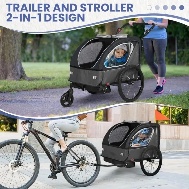 Kids Bike Trailer, 2 in1 Canopy Carrier Converts to Pushcart Suitable for 1 to 2 Toddlers, Quick Attach to Bike