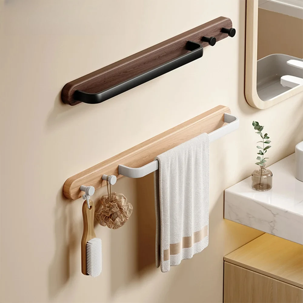 

Solid Wood Wall Mounted Bath Towel Rack with Hooks Bathroom Towel Pole Hotel Towel Rack Storage Rack Bathroom Accessories