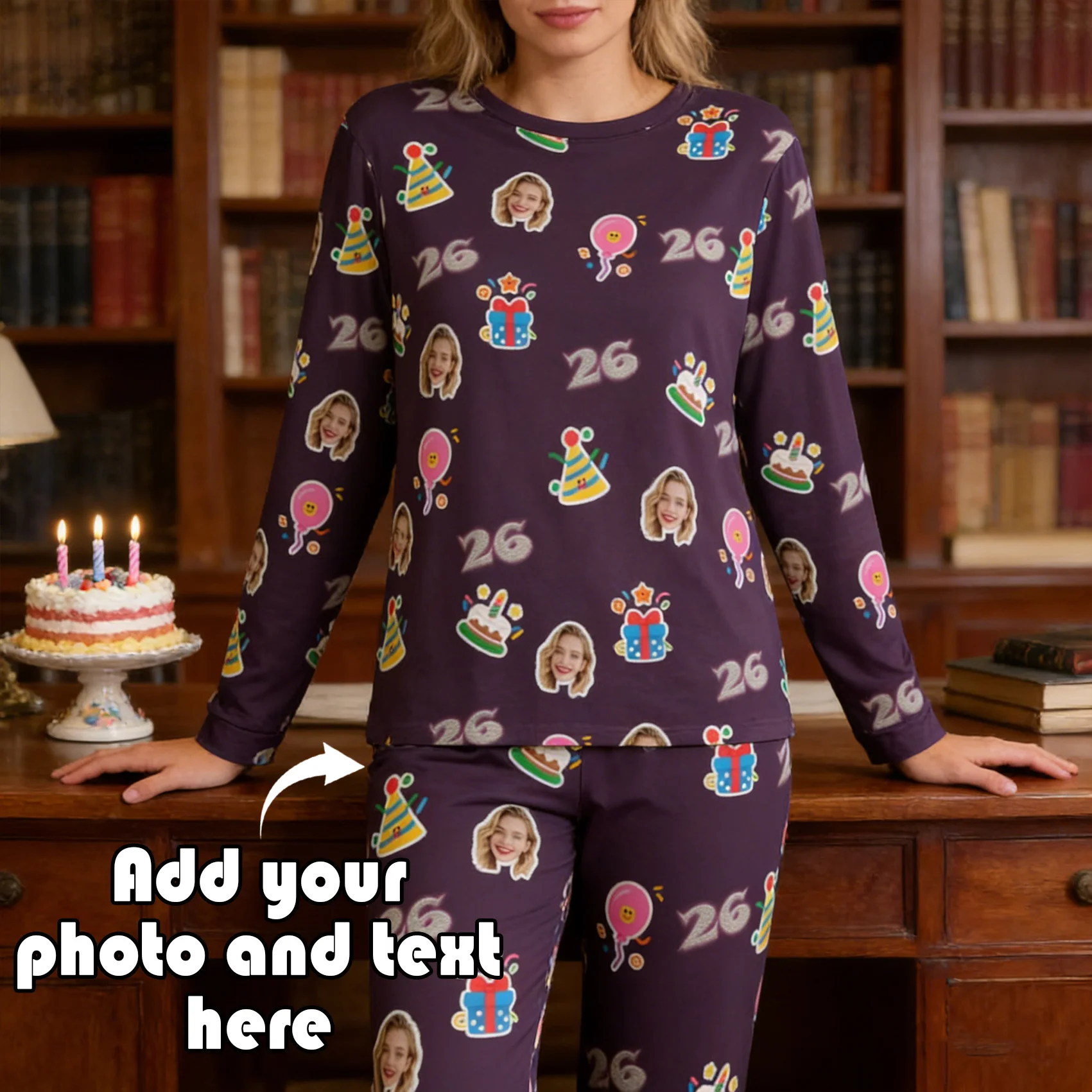 

Custom Crew Neck Pajama Set Personalized Images and Text Gifts Couples Spouses Friends Pets Family