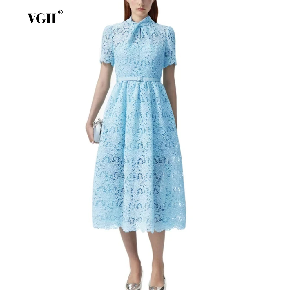 

VGH French Elegant A Line Dresses for Women Scarf Collar Short Sleeve Slimming High Waist patchwork Hollow Out Midi Dress Female