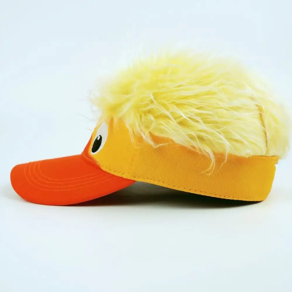 Lustiger Enten-Schirmhut mit Kunsthaar, Neuartiger Gelb-Oranger Verstellbarer Sonnenschirm für Männer und Frauen, Einzigartige Lässige Streetwear-Kappe – Detail 13