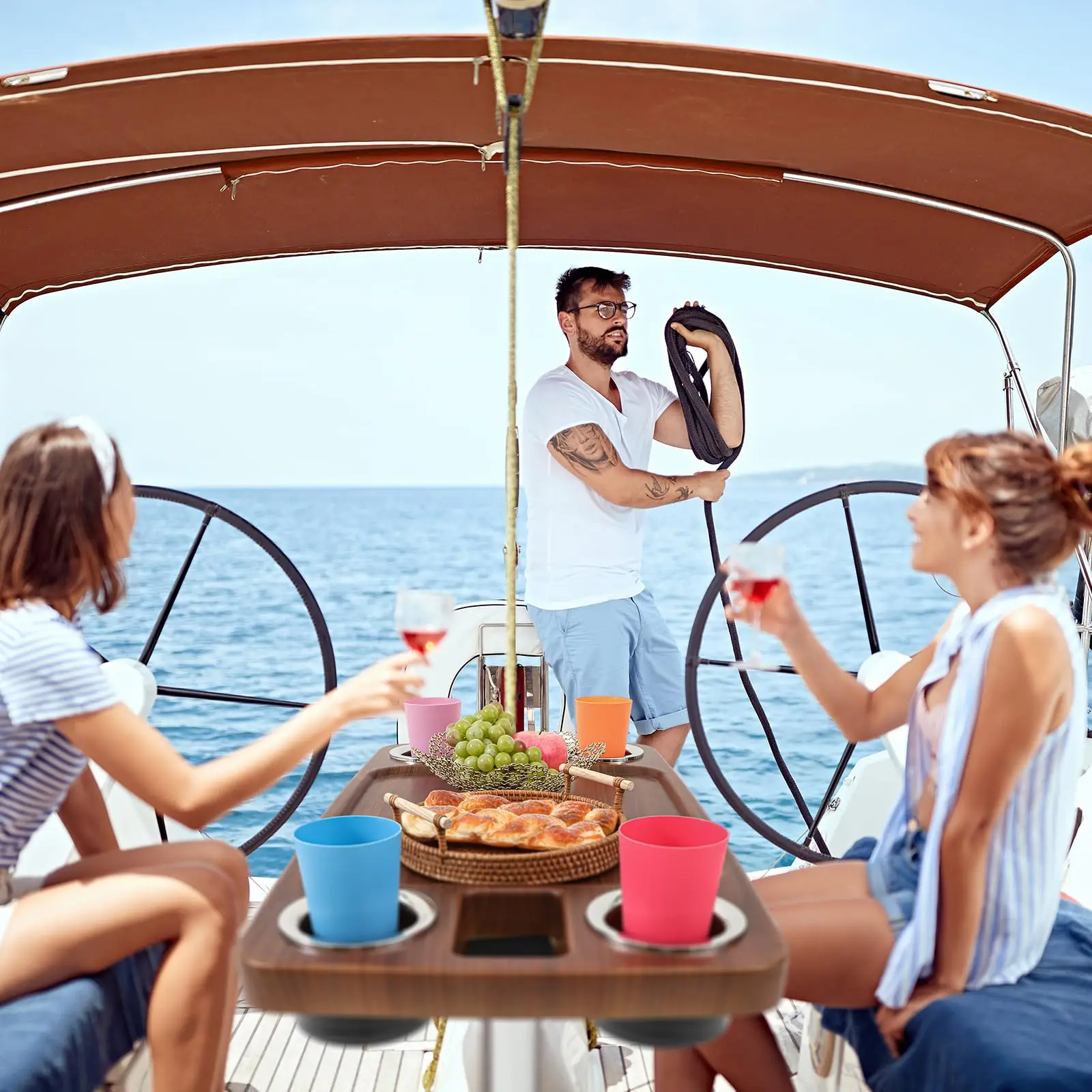 Yacht ABS Square Table – Marine Boat Dining Table with Cup Holders for RV & Outdoor Use
