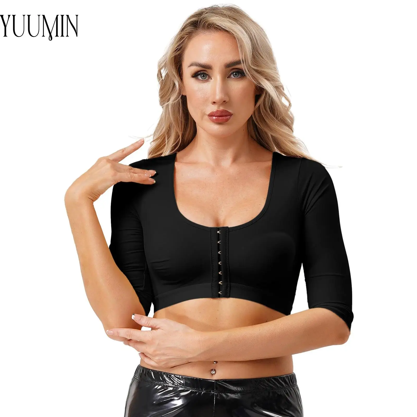

Women Fashion Front Closure Athletic Bra Shapewear Scoop Neck 3/4 Sleeves Sports Underwear for Yoga Workout Gym Fitness Exercise
