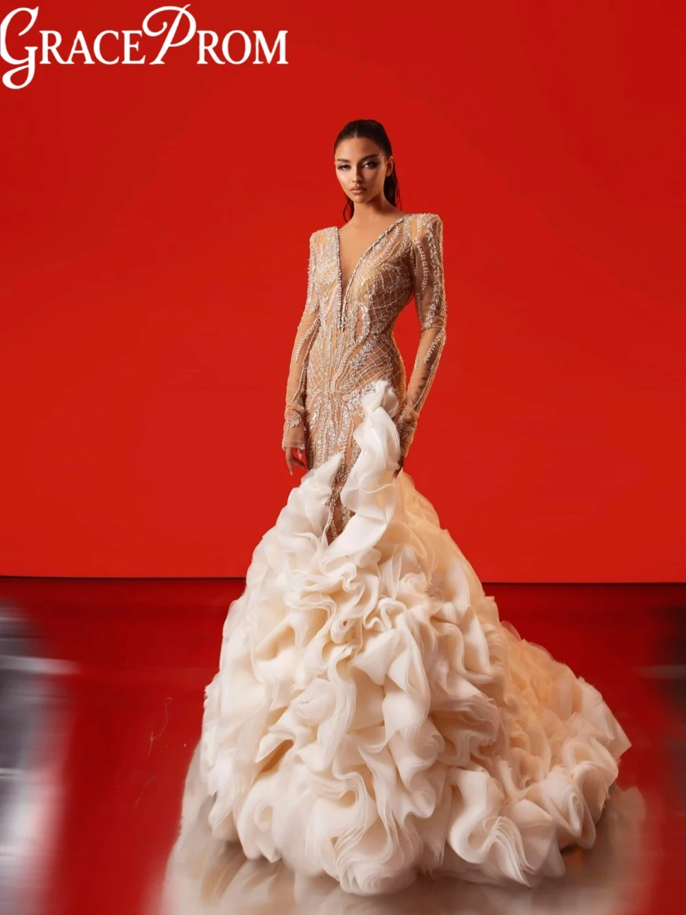 

New Ruffled Beaded Evening Dress Sparkling Crystal Mermaid Long Wedding Party Gown Customized Stunning Deep V-neck Prom Dresses