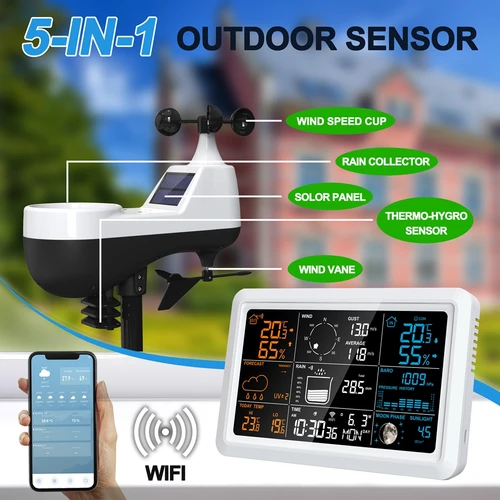 Station météo professionnelle sans fil Tuya, calendrier, réveil, température, humidité, intensité lumineuse UV, jauge de pluie et de vent, capteur de prévision