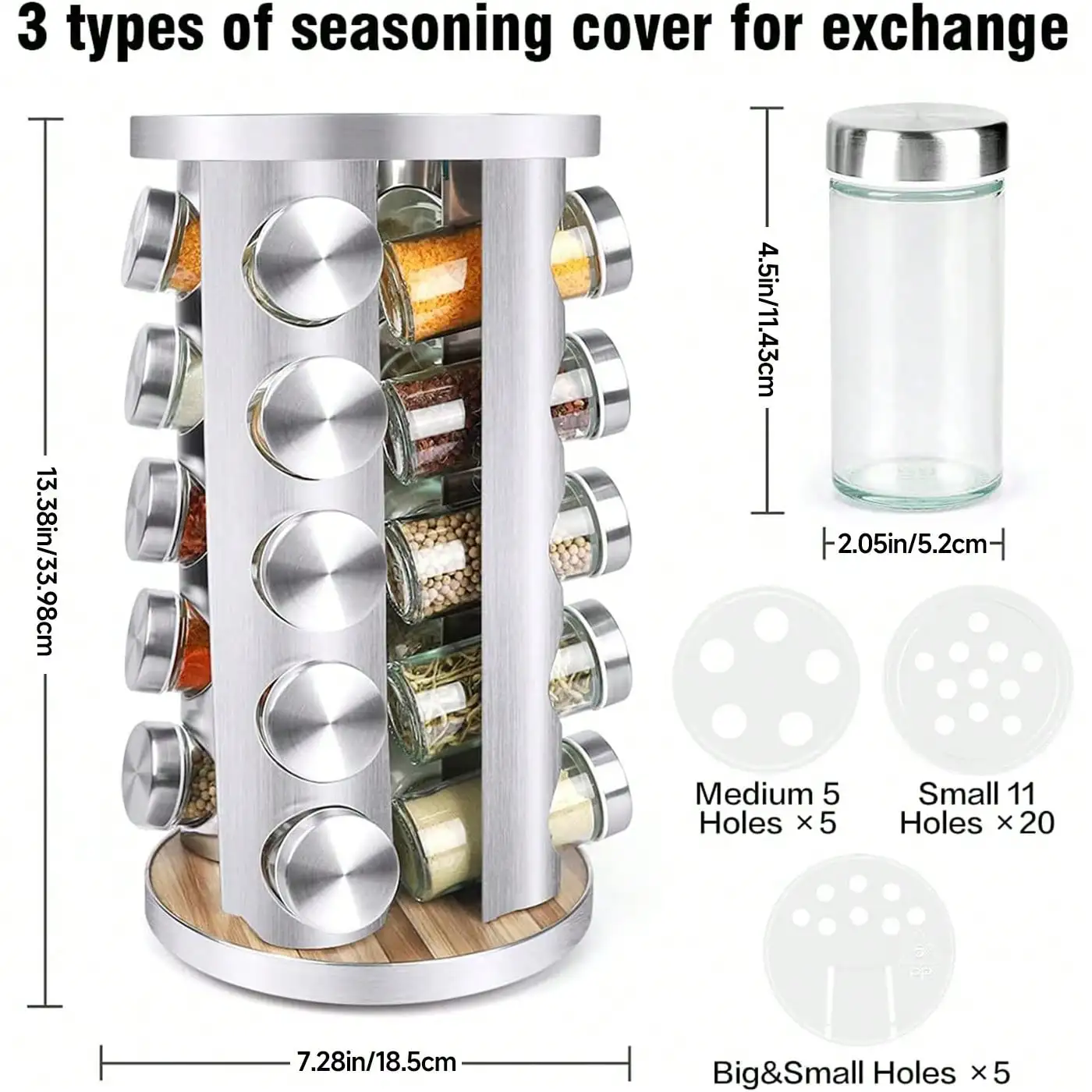 HIHEGD Spice Rack Organizer With Jars For Cabinet (20Pcs) Revolving/Rotating Seasoning Organizer, Stainless Steel/Wooden Countertop Rack Tower Organizer For Kitchen Pantry With Reusable Labels/Funnel/Brushes - Perfect For Thanksgiving, Christmas