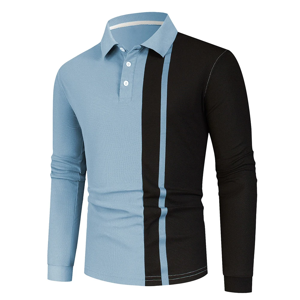 

Comfy Fashion Holiday T Shirt Tops Colorblock Lapel Top Long Sleeve Men Slight Stretch Tee Brand New Button Casual