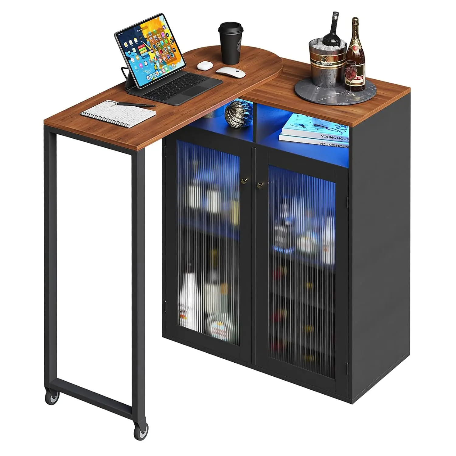 Corner Bar Table with Charging Station LED Lights Wine Rack Glass Holder Rotating Storage for Living Room Office, Customized