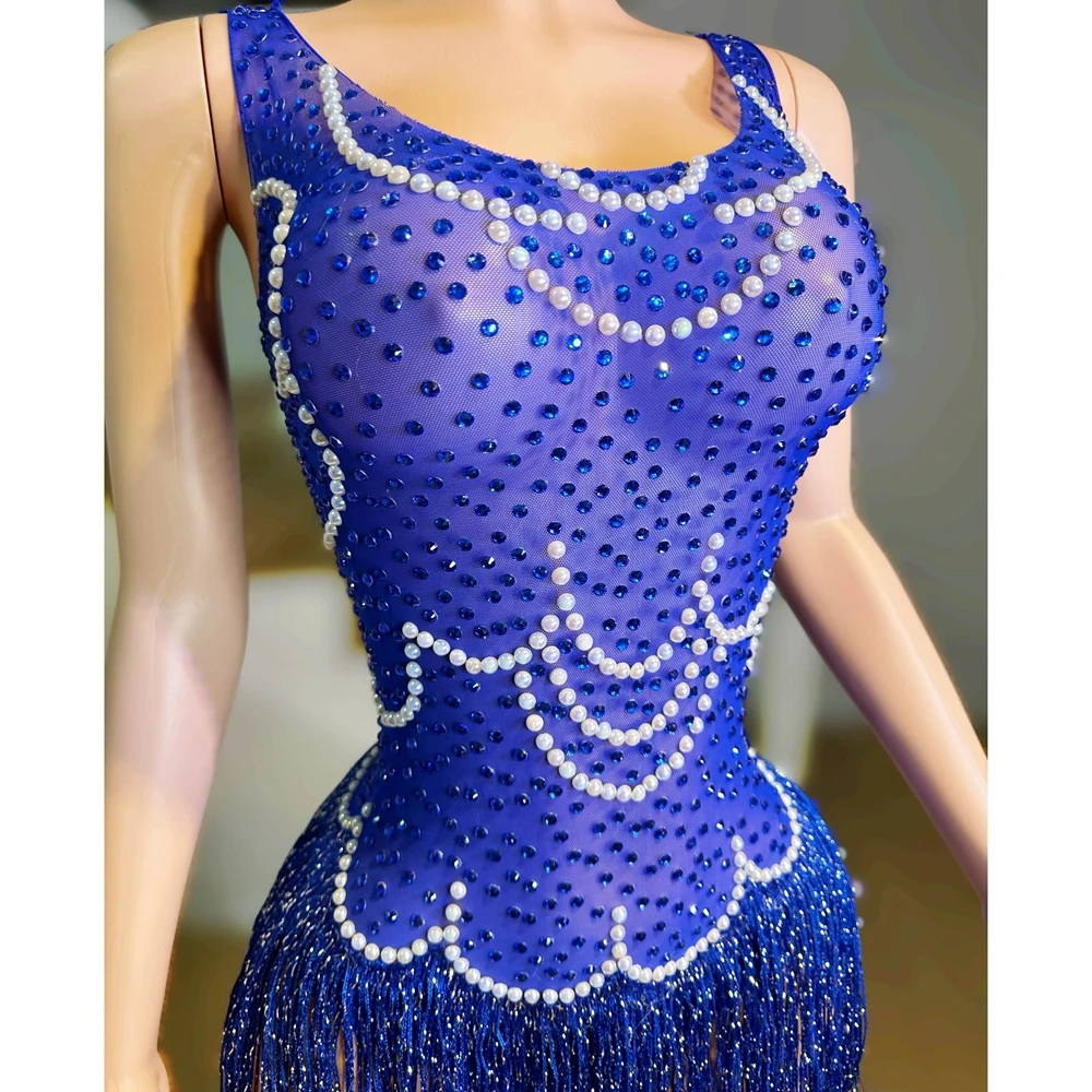 Sparkly Rhinestones Pearls Fringes Bodysuit Sexy Mesh Transparent Nightclub Outfit Dance Costume Dancer Stage Performance Wear