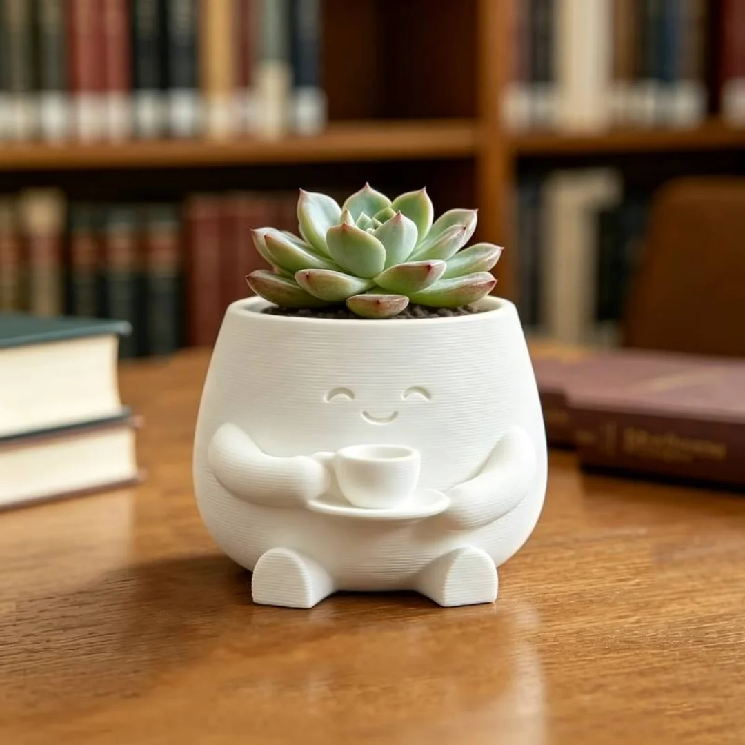 1PC 3D Printed Cute Smiling Figure Coffee Cup Succulent Planter Pot,Mini Indoor Flower Pot Desk Decor Home Office Gardening Gift