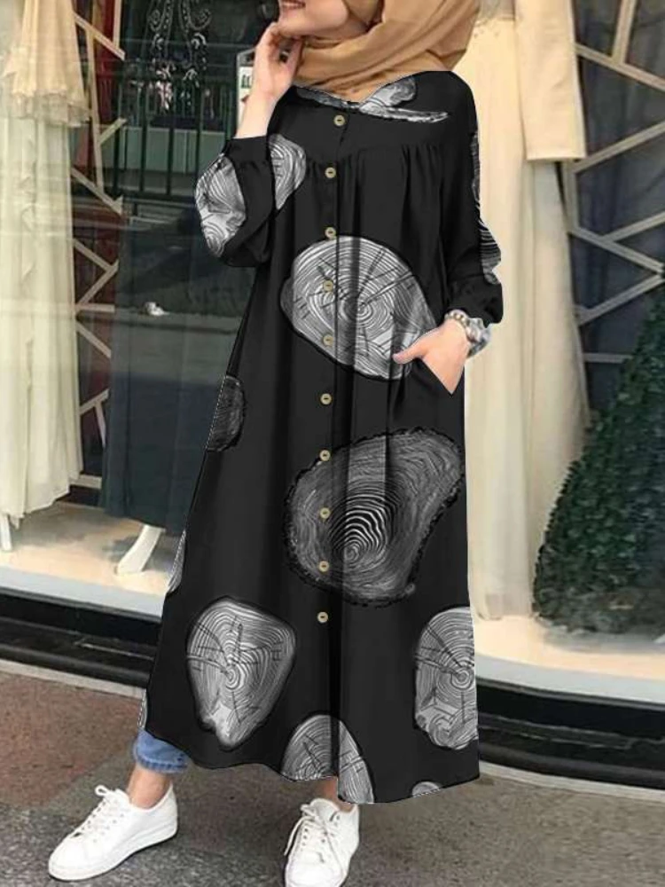 Ramadan Muslim Printed Maxi Dress Women Abaya Islamic Clothing Casual Long Sleeve Shirt Vestidos Female Button Robe Summer 2022