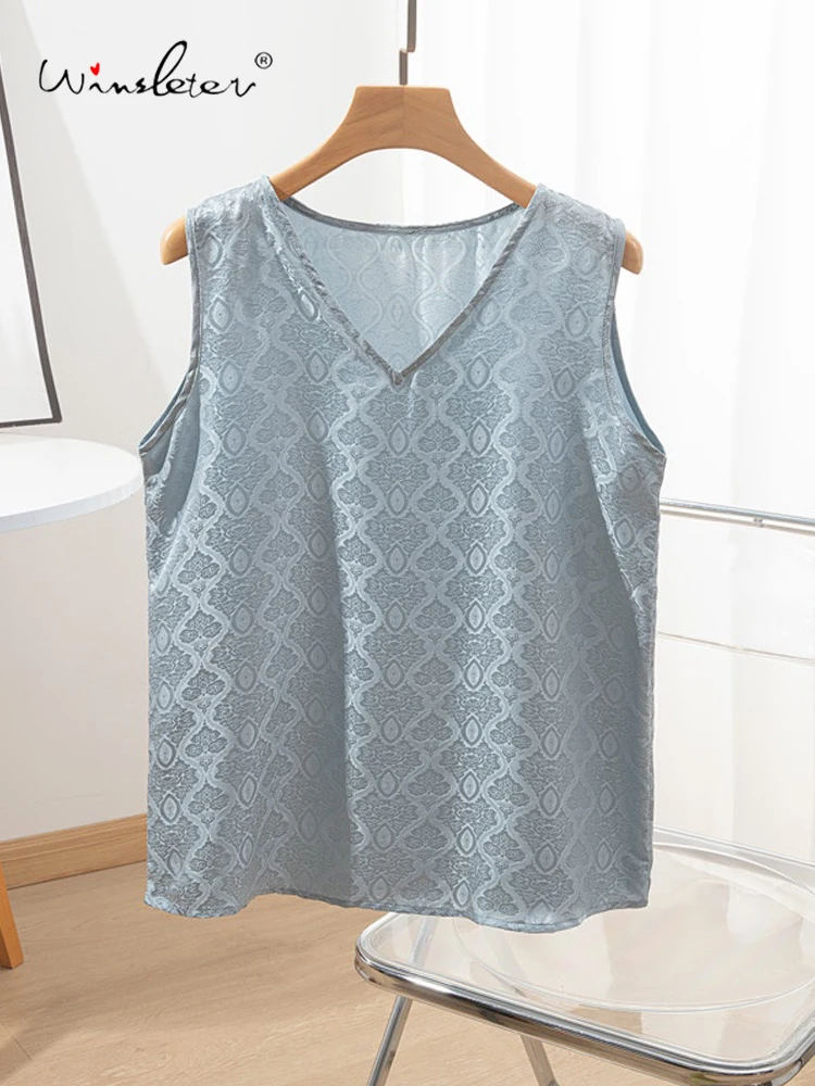 

Winsleter, 100%Real Silk Elegant Vest, Woman V Neck Sleeveless Jacquard, Versatile OL Loose Tops, 2024 Summer Autumn T469127QC