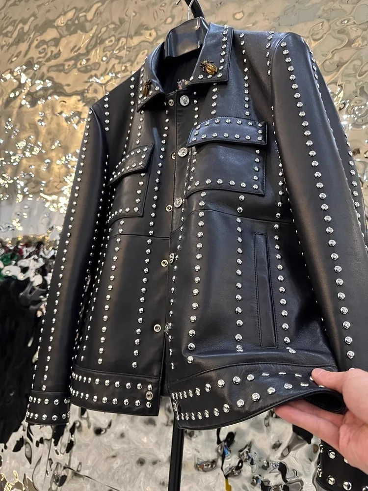 Handmade Rivets Studded Sheepskin Genuine Leather Jacket Men Single Breasted New Designer Punk Stage Show Coat Motorcycle Jacket