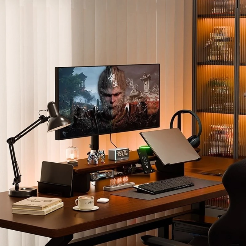 Solid Wood Monitor Stand & Modular Desktop Shelf -Adjustable Computer Height Riser with Multifunctional Desk Organizer