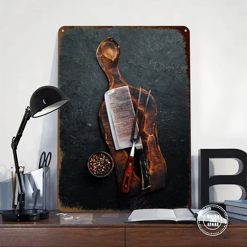 Chopping Board Knife Metal Poster Customized Wall Art Retro Vintage Metal Tin Signs for Home Decorations Living Room Wand Deko