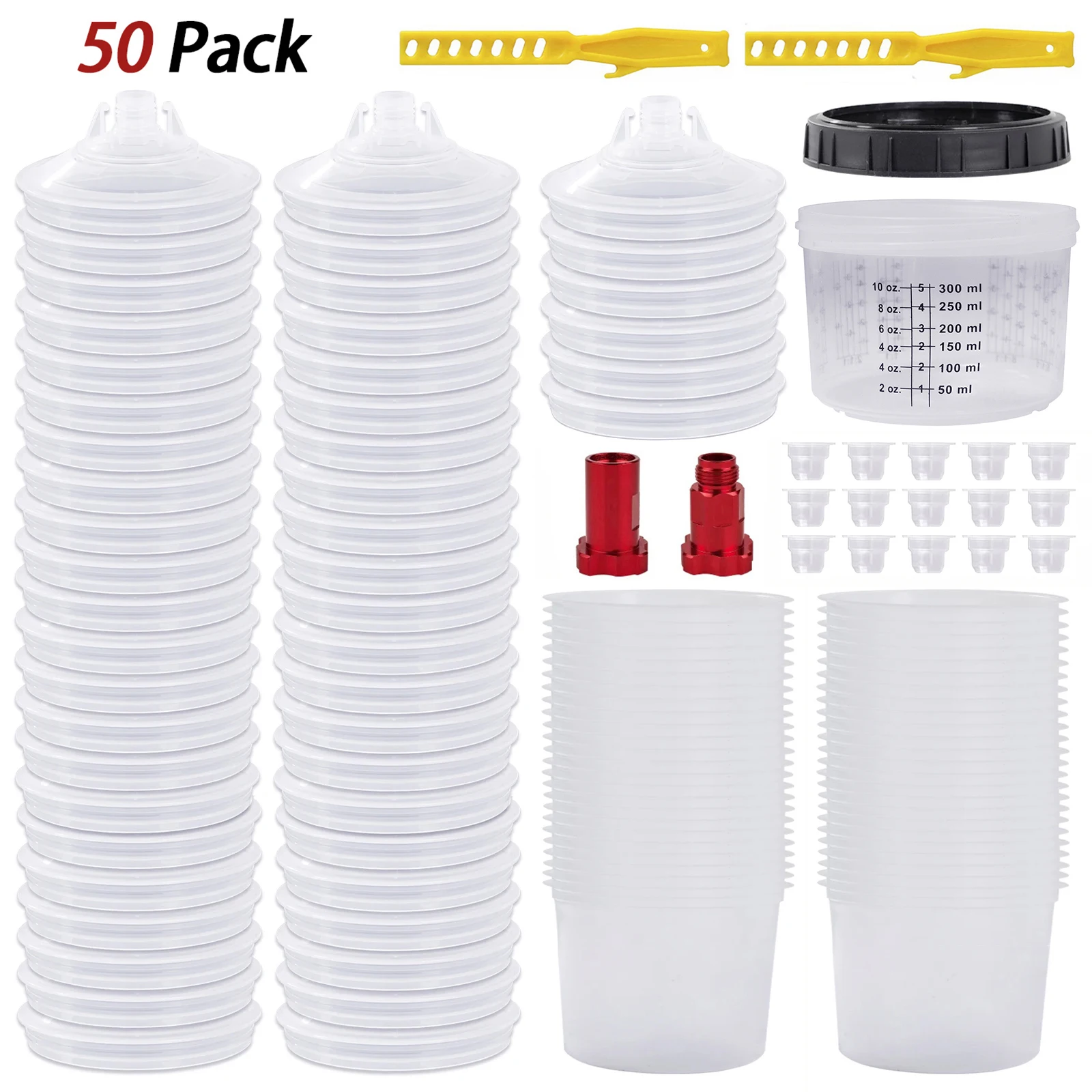 50Pcs 300ML Disposable Paint Cups with Lids, H/O Quick Cup Spray Gun Tank with M16 Adapter & Stir Rod, Used for Car Painting