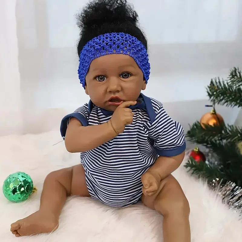 

New 22 inch cloth body saskia, black-skinned reborn girl doll with blue striped blue headband, a exquisite gift for children