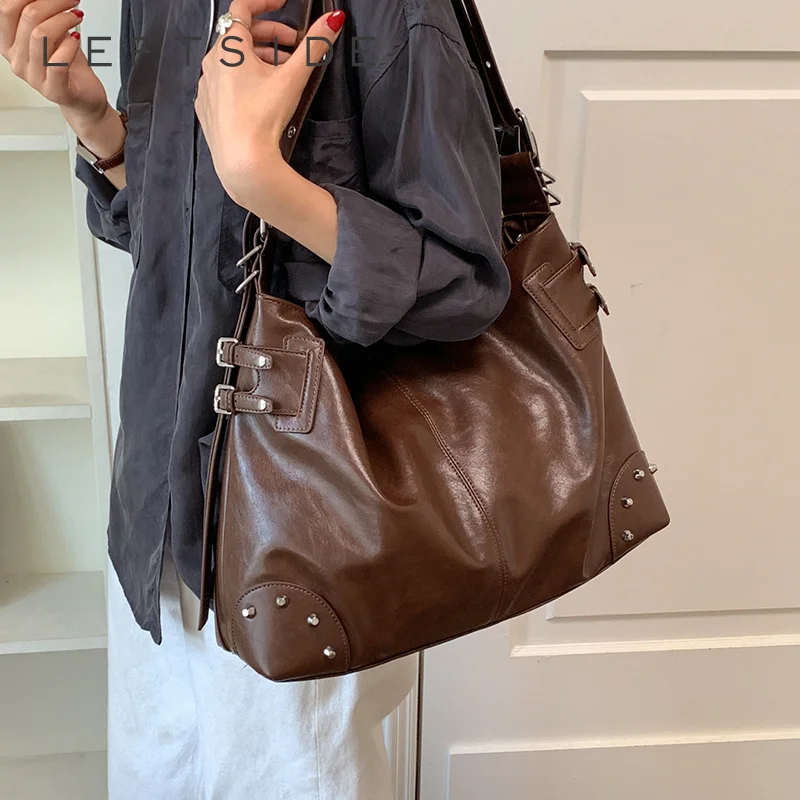 Women Retro PU Leather Hobo Tote Bag Metal Rivet Large‑Capacity Casual Shoulder Bags 2026 New Female Fashion Handbags and Purses