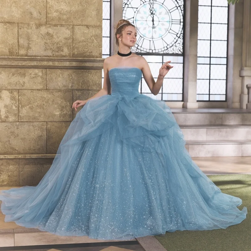 فستان Quinceanera باللون الأزرق الضبابي الطازج والحالم بدون أكتاف من الدانتيل وذيل من فيستدوس دي 15 Quinceanera ﻿ تخصيص