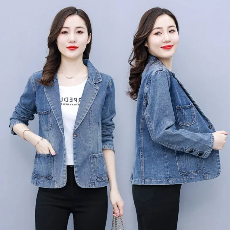 

Denim Suit Jacket Women's 2025Spring Autumn New Large-Size Loose Cowboy Coat Slim Western Style Outwear Short Jeans Blazer Coats