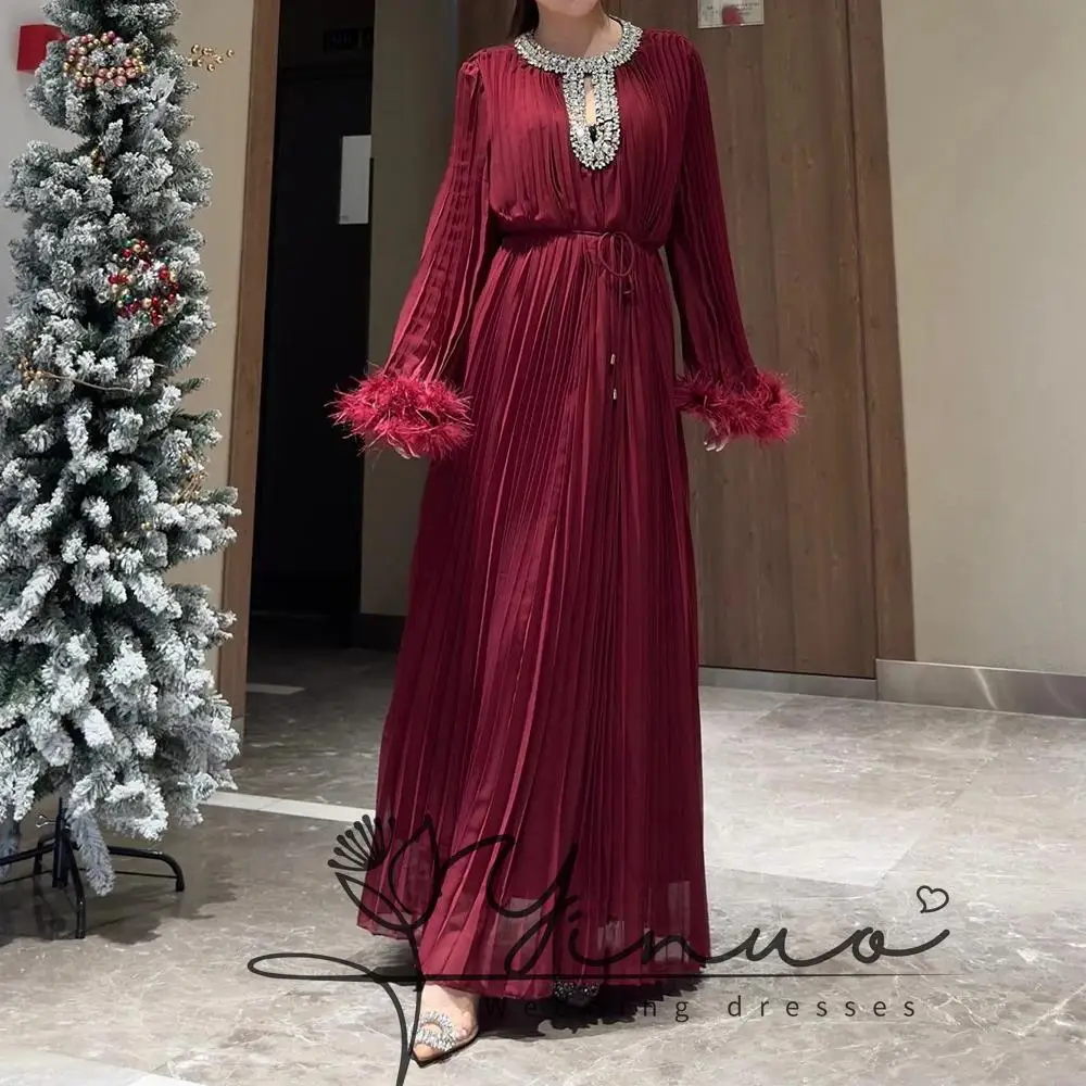 

customized A-line Evening Dresses Ankle-length O-neck Full Sleeve Prom Gown Fashion Crystal Feathers Simple Draped Party Gown