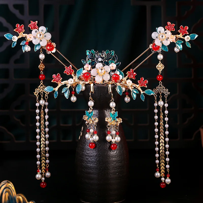 

Vintage Hanfu Cosplay Tassel Hairpin Women Red Flower Headdress Cosplay Tiaras Classic Hair Jewelry Chinese Head Accessories