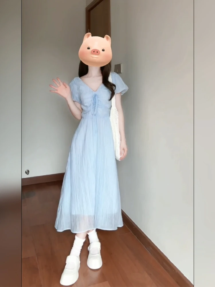 

XZY Ele Blue V-Ne Puffy Sve Long Dr Women's Summer Casual A-Line Skirt Bubble Sve Women's Dr Gathered Waist