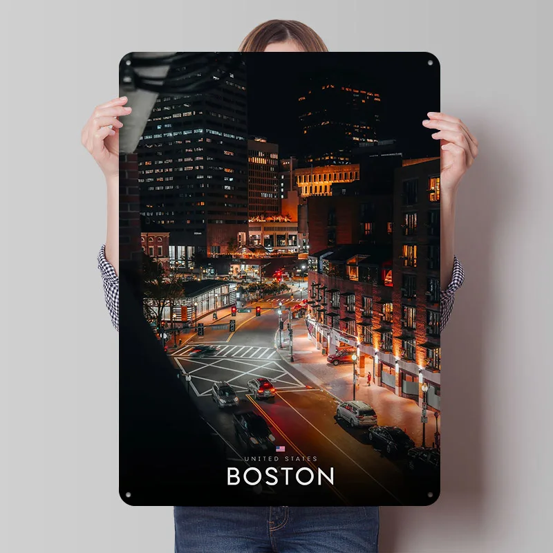 

Бостон ночью: городской пейзаж, жестяной плакат, индивидуальный настенный декор, ретро-винтажные металлические таблички для фанатов, украшение для стола, комнаты, дома