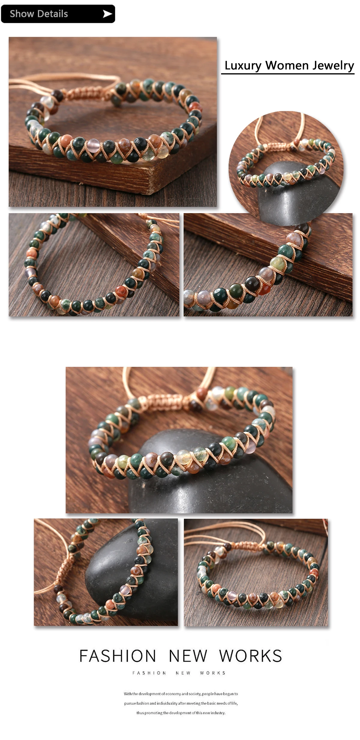 Neue 4MM Naturstein Doppel Schicht Indischen Achat männer Armband Modische Einfache Geflochtene Zugschnur Armband Paar Schmuck – Detail 2