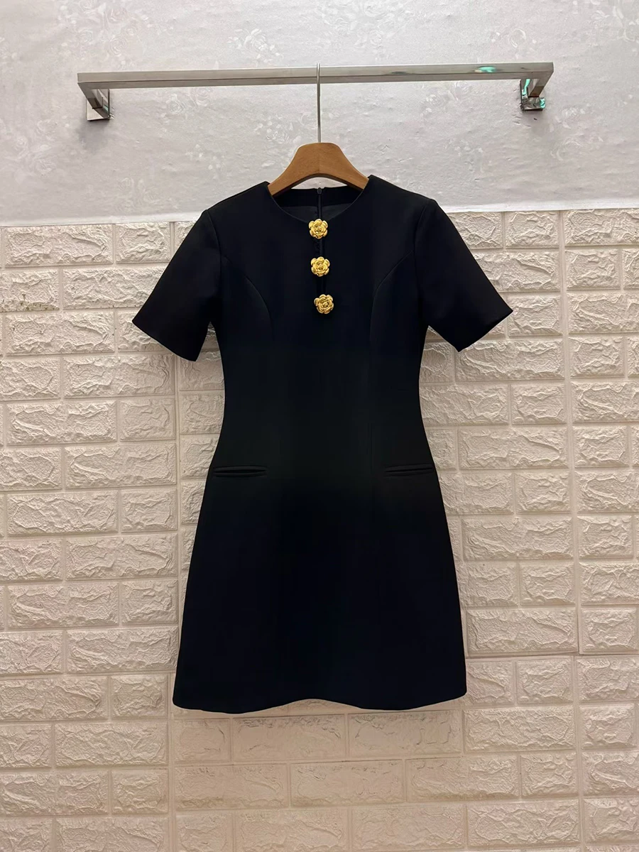 GALCAUR-vestido minimalista liso con botones empalmados para mujer, cuello redondo, manga corta, suelto, suave, elegante, moda de verano, nuevo