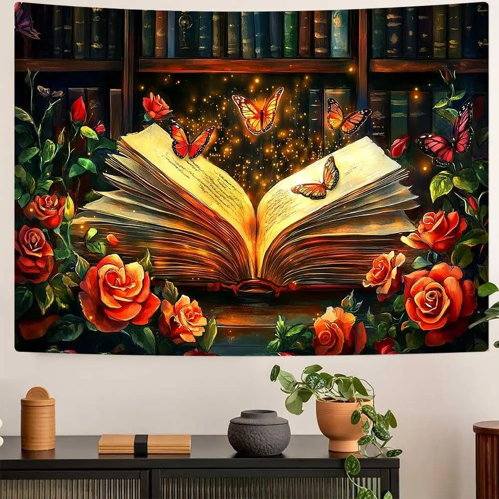 Butterfly Bookshelf Tapestry Flower Tapestries Magic Book and Red Roses Reading Concept Library Reading Room Bedroom Decoration
