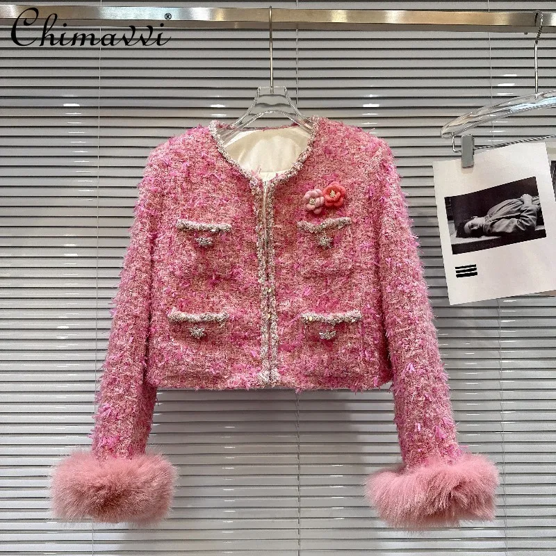 

2025 Winter Clothes New High-End Fashion Fox Fur Cuff Tweed Coat Women's Long Sleeve Elegant Down Lined Short Jackets Top