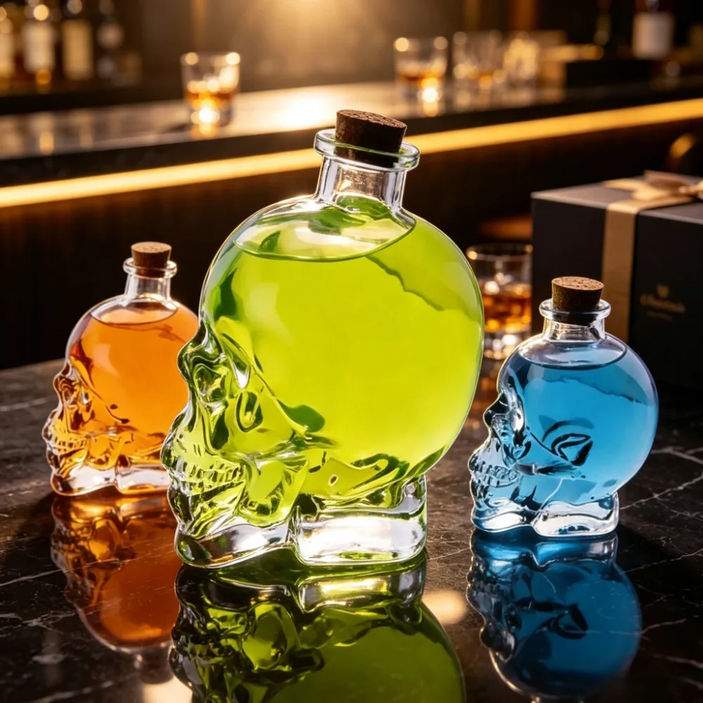 180-750ML Glass Skull Decanter Whiskey Vodka Shot Glass Set Transparent Crystal Bottle Wooden Cork Bar Gift Halloween Decoration