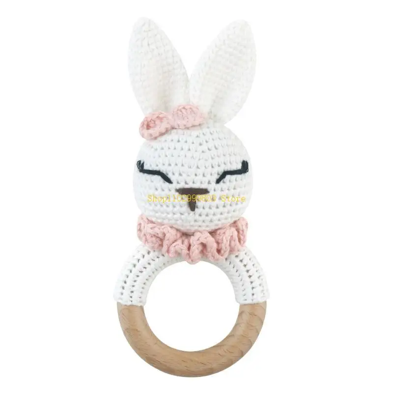 Rabbit Wooden Teether Baby Rattles Carton Crochet Animal Teething Toy Safe J0MF