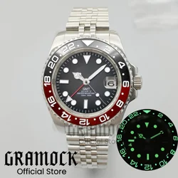 Gramock 40mm Ronda 515 Quartz Men's Watch Ceramic Luminous Bezel Sapphire Glass Black Dial Red Green GMT Hand Waterproof Watch