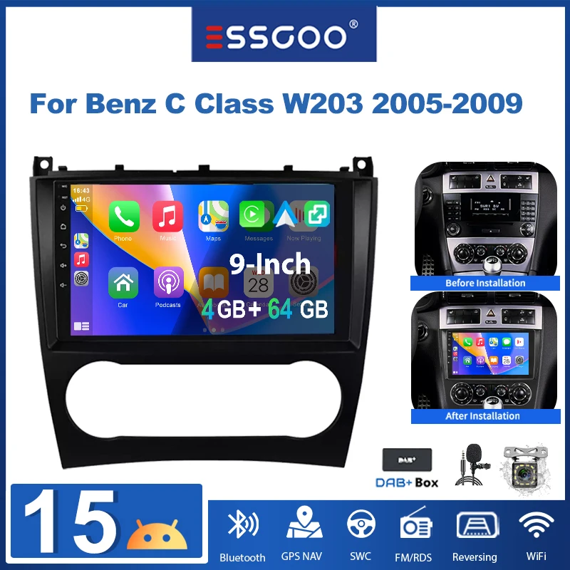 ESSGOO 9" Android 15 4+64G für Mercedes Benz W203 W209 C180 C200 C220 C230 2005-2009 Autoradio kabelloses CarPlay Android Auto GPS Navigation RDS FM WLAN Bluetooth Mirror Link Lenkradsteuerung
