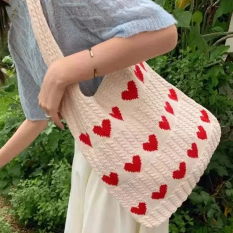 Love Heart Knitted Bag Women Bag Street Literary Leisure Wool Knitting Shoulder Bags Large Capacity Tote Girl Cute Shoulder Bag