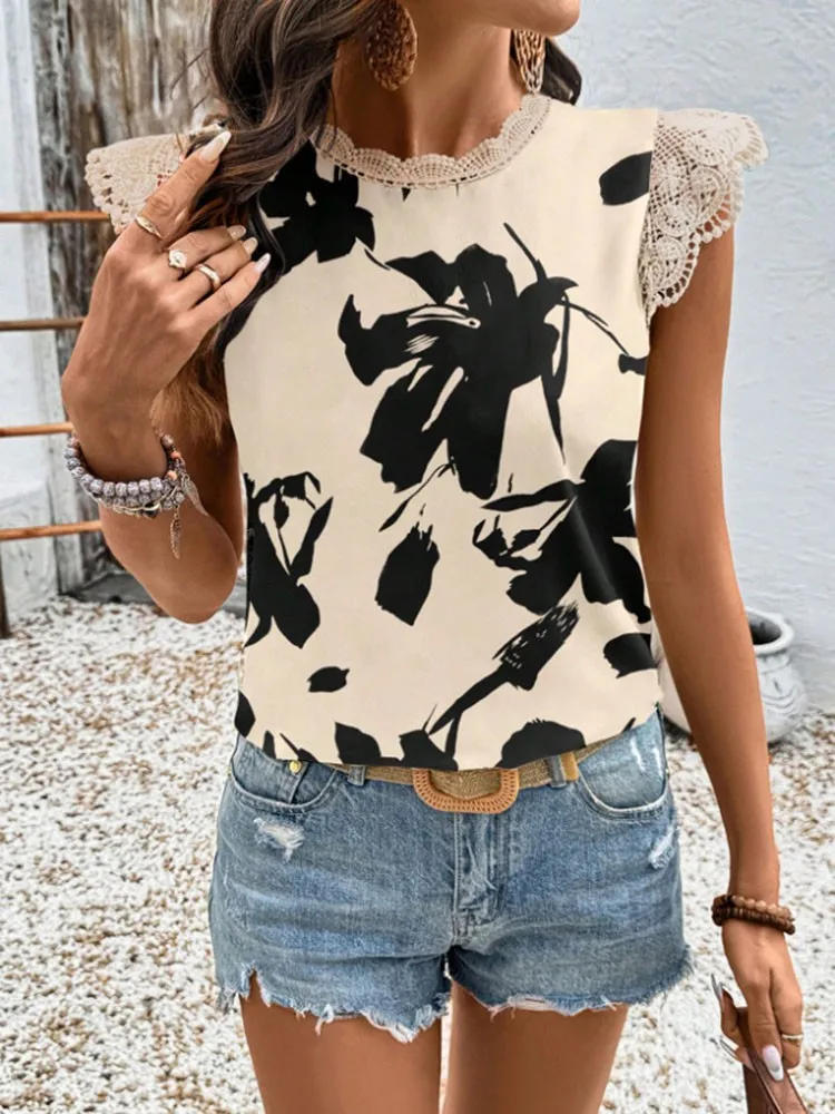 ฤดูร้อนของผู้หญิงใหม่สบายๆสบายๆแฟชั่นรอบคอพิมพ์ใบบัวชีฟองเสื้อแขนสั้นสําหรับผู้หญิง