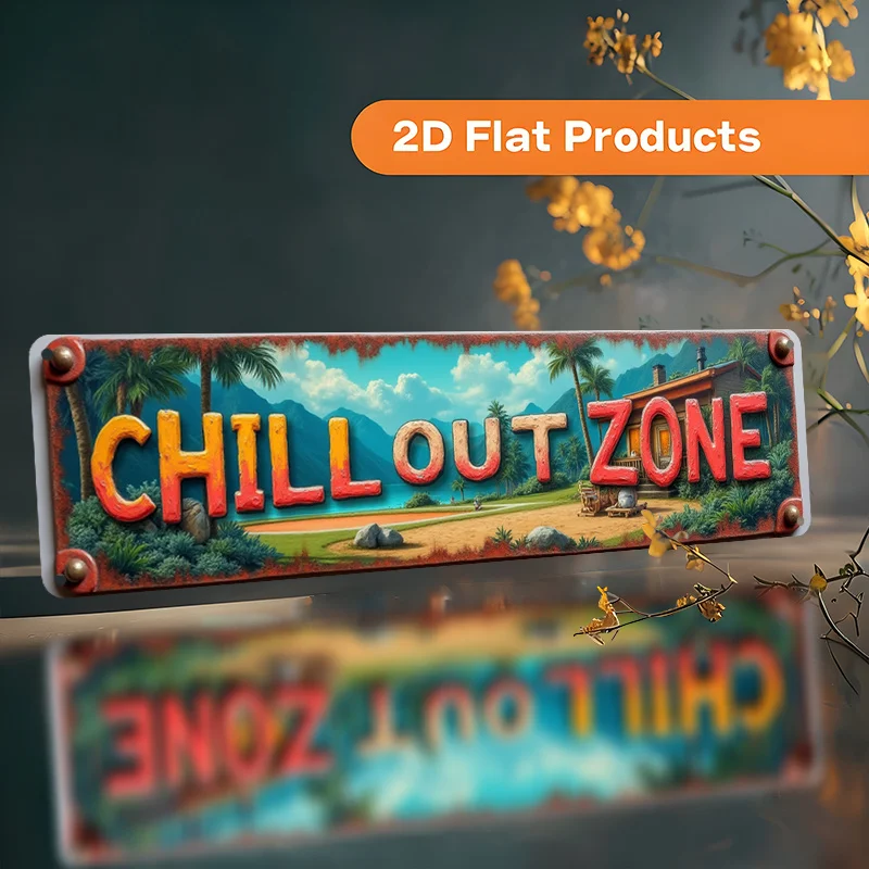 Letrero de pared de aluminio vintage 2D plano 'CHILL OUT ZONE' - Escena de playa tropical con palmeras y vista en el océano, fácil instalación, 10x40 cm/