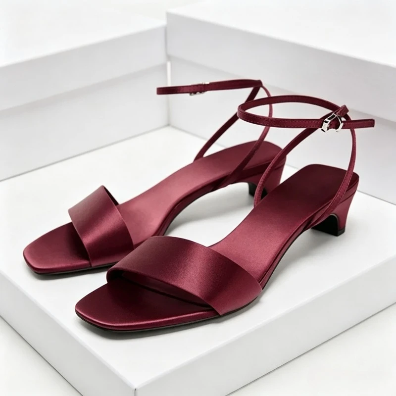 Sandalias de tacón de gatito de satén de lujo para mujer, zapatos de vestir con punta abierta y hebilla en el tobillo para vacaciones, zapatos de banquete de tacón concisos a la moda