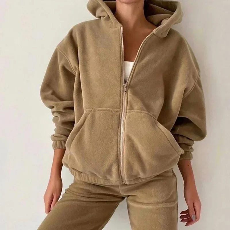 Mulheres agasalho outono inverno velo conjuntos de duas peças elegante sólido oversized quente hoodies + calça longa terno esportivo conjunto femme